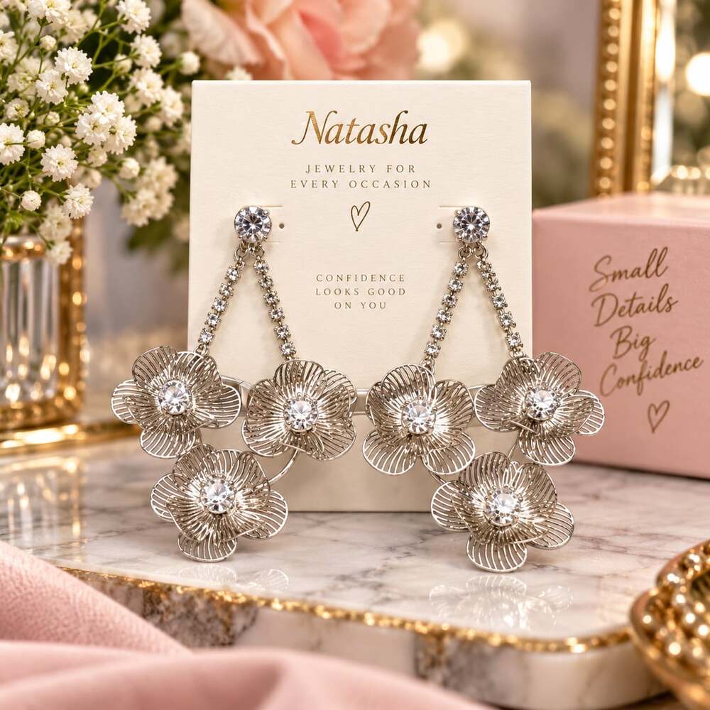 Natasha Silver Tone Openwork Flower Statement Dangle Earrings Rhinestones NEW